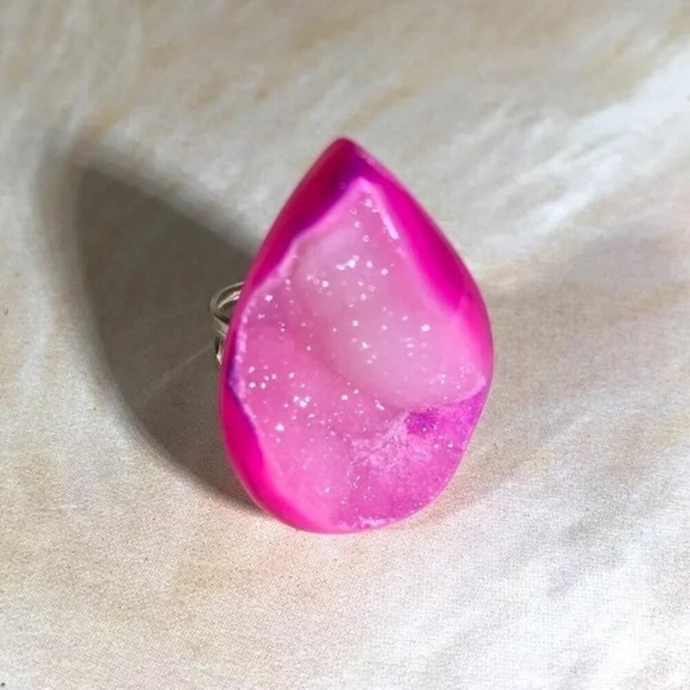 Neon Pink Druzy Quartz and Sterling silver ring.